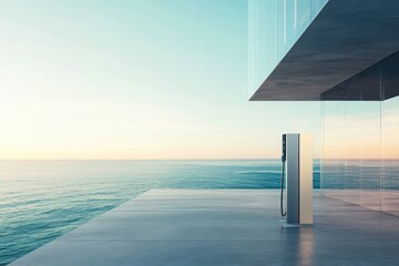 Modern EV charging station by the ocean, showcasing sustainable luxury and coastal living.
