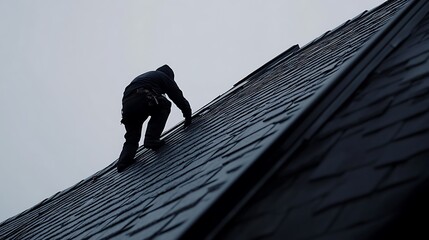 Roofing Contractor Installing Shingles on a Steep Roof