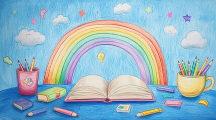 Childlike drawing of open book under rainbow, pencils, erasers, and other stationery on a table.