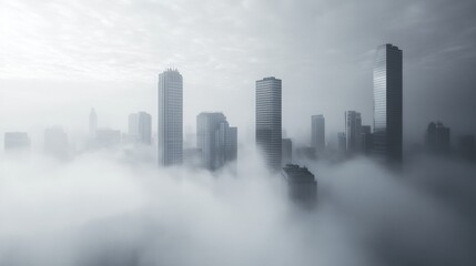 Fototapeta premium City Skyline Enveloped in Fog Creates a Mysterious Atmosphere With Minimal Shapes and Contrasts at Dawn Generative AI