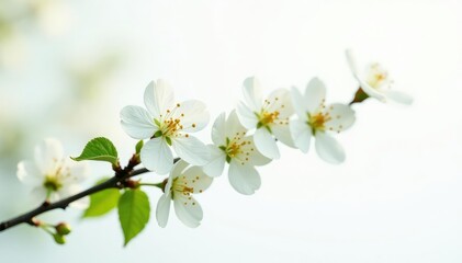 Fototapeta premium Single White Flowering Tree Branch on White Background, bloom, greenery