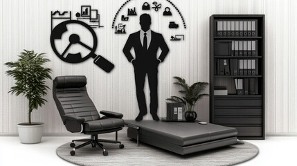 Obraz premium Professional 3D Black Icon Representing a Project Manager in His Office