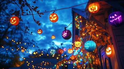 Enchanted Halloween Night: Glowing Jack-o'-Lantern Lights Adorn Festive House