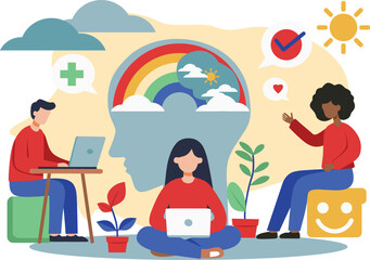Vector Illustration Depicting Young People Exploring Mental Wellness and Positive Lifestyle Choices in a Bright and Symbolic Setting
