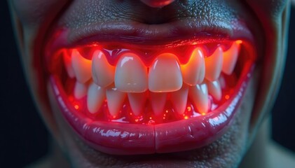 Naklejka premium Intensely red inflamed gum surrounding painful tooth , swelling, illness, gum inflammation