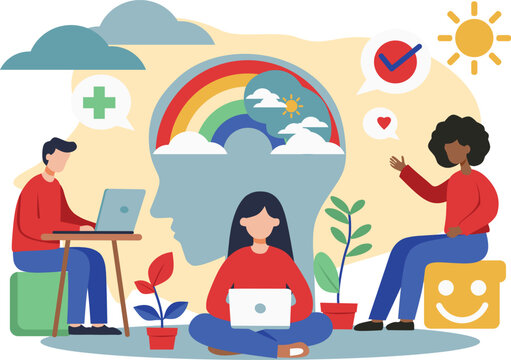 Vector Illustration Depicting Young People Exploring Mental Wellness and Positive Lifestyle Choices in a Bright and Symbolic Setting - Powered by Adobe