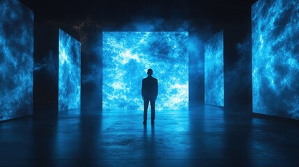 Silhouetted figure standing before glowing blue abstract portals, creating an otherworldly atmosphere.