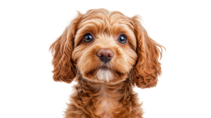 A cute, fluffy dog with expressive eyes and a playful demeanor, perfect for pet lovers. On transparent background.