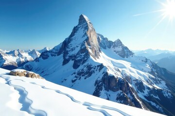Snowy mountain peak, pristine white, sunlit summit, image, sky, high