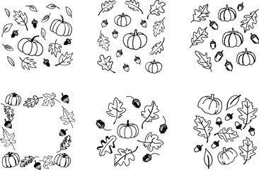 Hand drawn autumnal motifs pumpkin acorn and oak leaf vector pack