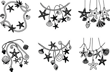 Set of decorative marine elements with starfish and shells in black and white