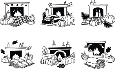 Autumn season fireplace scene line art collection with pumpkins and candles