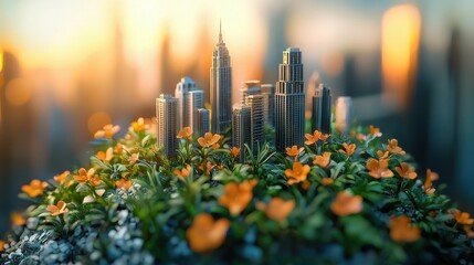 A vibrant miniature cityscape adorned with orange flowers, blending nature and urban life.