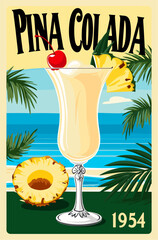 Cocktail retro poster. Pina Colada summer cocktail. Popular alcohol drink. Vintage flat vector illustration for bar, pub, restaurant, kitchen wall art print	