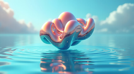 Fototapeta premium A reflective, abstract structure floats gracefully on a serene water surface under a bright sky.