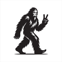 Fototapeta premium Black and white silhouette of a walking Yeti (Bigfoot) flashing a peace sign with his right hand