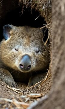 Close-up of a wombat peering out from its burrow surrounded by natural earthy textures