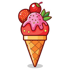 Ice cream balls in the waffle cone with berry  ice cream cone