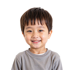 Cheerful Young Asian Boy with Short Brown Hair Smiling Playfully Against a transparent background, Radiating Innocence and Joy