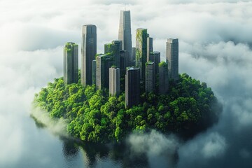 Fototapeta premium Modern skyscrapers amidst lush greenery on an isolated island surrounded by clouds
