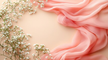 Fototapeta premium Peach Fabric and White Flowers Background