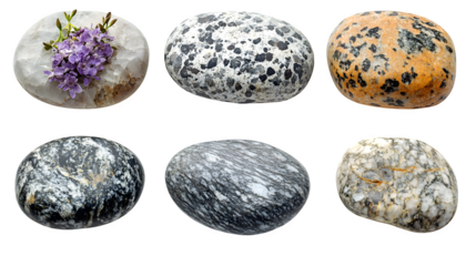 Set of six gray and black stones in different positions isolated on white background