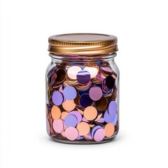 Glass jar with metallic confetti. The confetti is in shades of rose gold, purple, and copper. The jar has a gold lid. The background is white. 