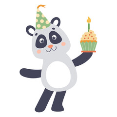 Cute colorful birthday panda. Animal character. Hand-drawn vector illustration in flat style.