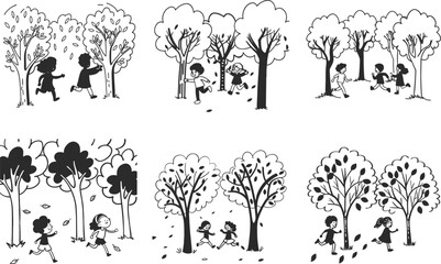 Hand drawn illustration of children playing running around trees in fall season