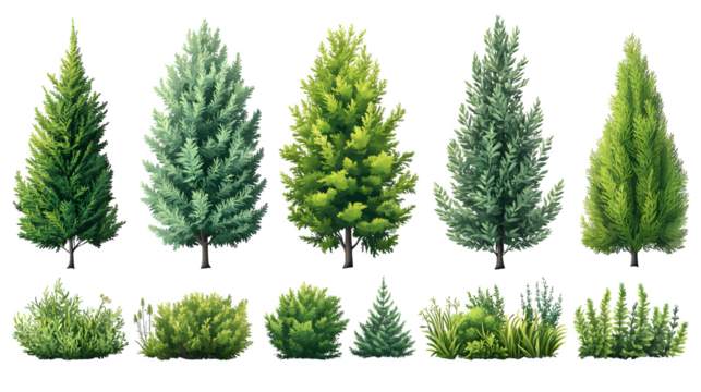 Set of trees, bushes, and plants including cypress, juniper, and thuja in different positions isolated on white background
