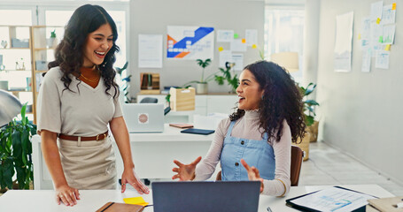 Creative, women and discussion with laptop in office for business funding email, campaign performance or success. Digital marketing, employees and happy with achievement, KPI goals and sales target