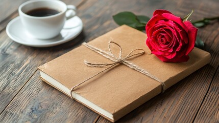 Fototapeta premium Romantic Setup Tan Book With Red Rose and Coffee on Rustic Wooden Table