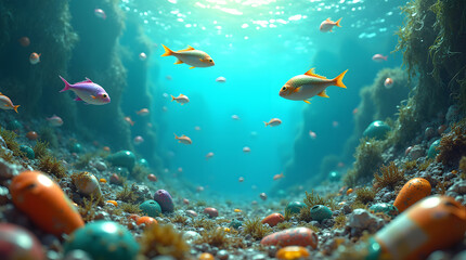 Fototapeta premium Colorful fish swim among vibrant coral and pebbles in a serene underwater scene.