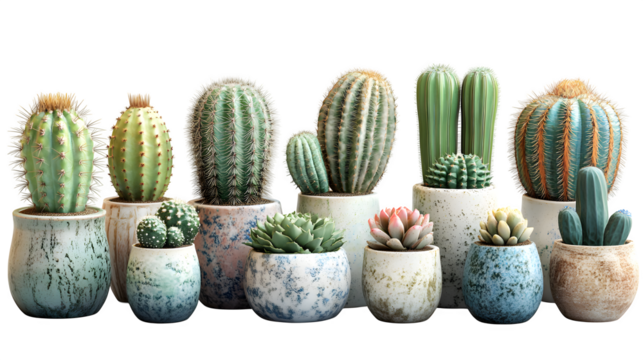 Set of various cactus types with 3D shading, isolated on white background