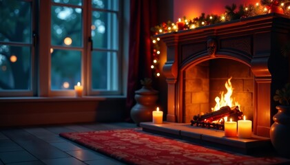 A cozy fireplace with twinkling fairy lights and romantic candles, holiday, cozy