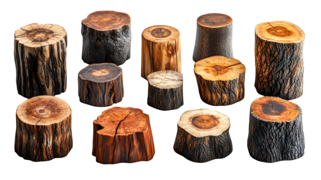 Set of wooden stumps in various sizes and positions isolated on white background