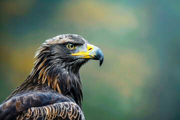 Obraz premium A focused bald eagle with piercing yellow eyes, displaying a powerful presence and sharp beak.