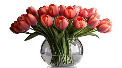 Side view of tulip bouquet in glass vase with water line, realistic reflections, isolated on white background