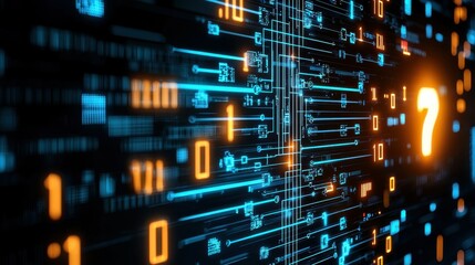 Obraz premium Abstract digital background featuring glowing binary code and circuit patterns.