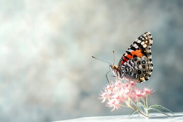 Obraz premium A Painted Lady butterfly delicately perched on a cluster of soft pink flowers against a blurred background.