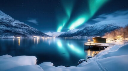 Stunning aurora borealis display over a snow-covered lake and mountains.