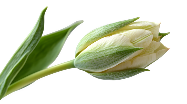 Single green tulip bud just beginning to open, rich detail, isolated on white