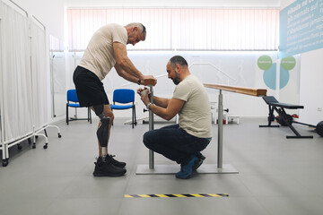 Prosthetist and an amputee collaborate during a personalized prosthetic fitting session