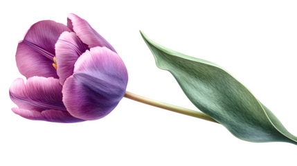 Single purple tulip with long green leaf, realistic close-up, isolated on white background