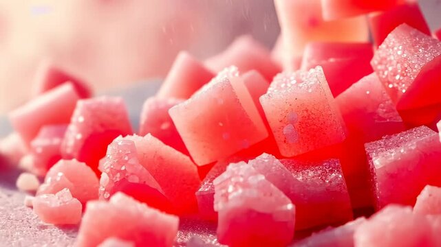 Rock Candy, Pink Crystals, Sugar Cubes. Crystal Formation. Crystals grow in concentrated solutions. Sugar formation depends on temperature. Pink coloring affects visual appeal.