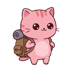 Cute icon character cat wearing backpack.