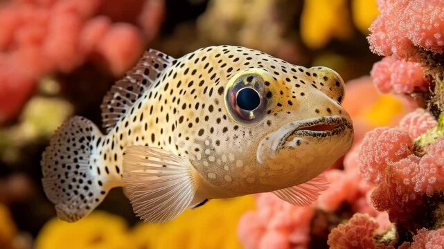 Spotfin porcupine fish swimming near colorful coral reefs in tropical waters, Spot fin porcupinefish (Diodon hystrix), also known as the spotted porcupinefish