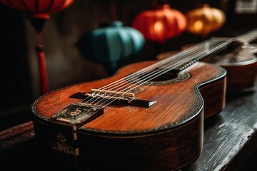 Close-up of an acoustic guitar with traditional Chinese lanterns in softly blurred background, warm lighting on wooden table