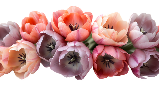 Soft focus tulip cluster in pastel shades, spring vibe, isolated on white background