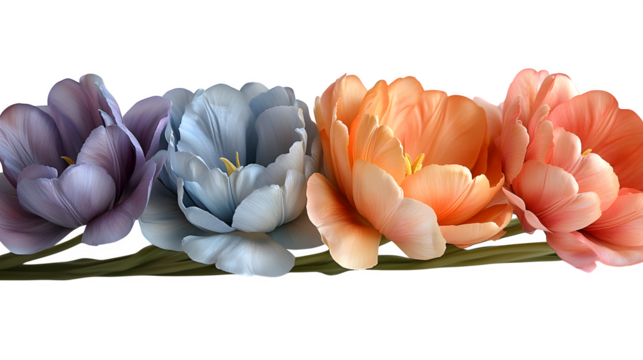 Soft focus tulip cluster in pastel shades, spring vibe, isolated on white background